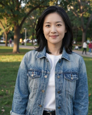 Friendly Asian woman outdoors in denim jacket enjoying nature on Sakuradate profile