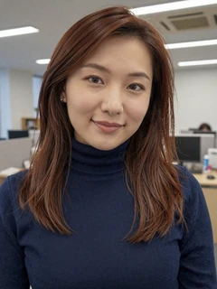 Kazakh woman in navy turtleneck with confident expression at modern office