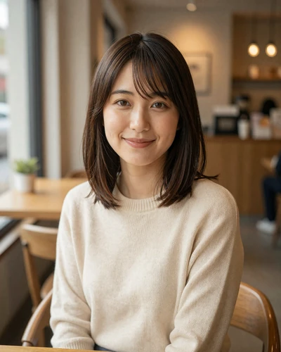Friendly Japanese woman in a cozy cafe setting on Sakuradate dating platform