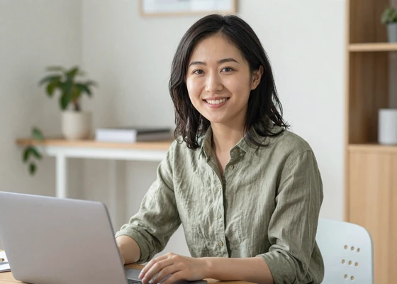 Asian woman creating her dating profile on laptop in bright modern room