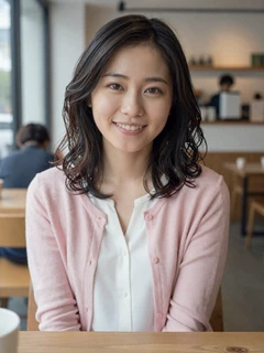 Japanese woman in pink cardigan at a coffee shop browsing Sakuradate profiles