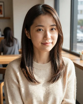 Young Japanese woman smiling in a cafe wearing a cozy sweater on Sakuradate
