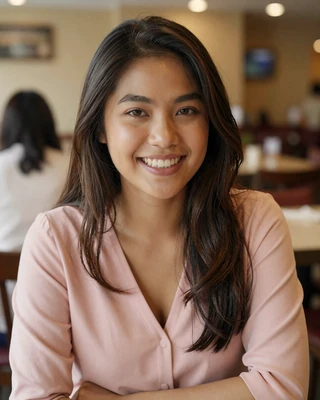 Smiling Filipino woman at a restaurant wearing a pink blouse on Sakuradate