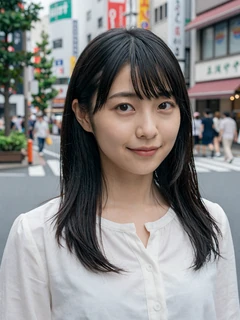 Japanese woman with long black hair on a Tokyo street browsing Sakuradate