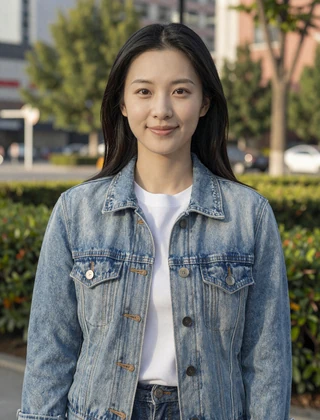 Young Chinese woman in casual denim jacket smiling in park setting for dating profile