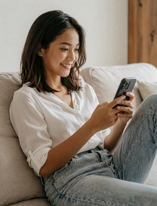 Thai woman smiling at her phone while chatting on Sakuradate messaging platform