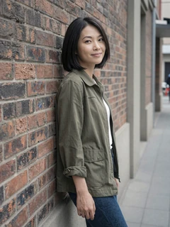 Taiwanese woman in casual jacket leaning on brick wall in urban setting